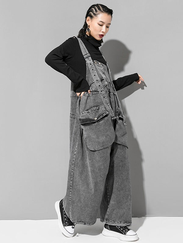 Pockets Split-Joint Loose Sleeveless Overalls Jean Pants Bottoms