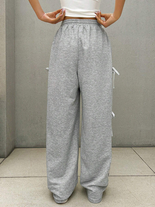 Drawstring Elasticity Solid Color Split-Joint High Waisted Loose Trousers Pants