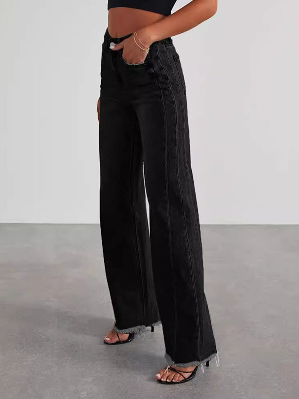 Split-Joint Tasseled High Waisted Wide Leg Jean Pants Bottoms
