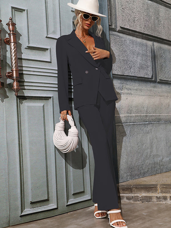Office Solid Lapel Collar Two Pieces Set