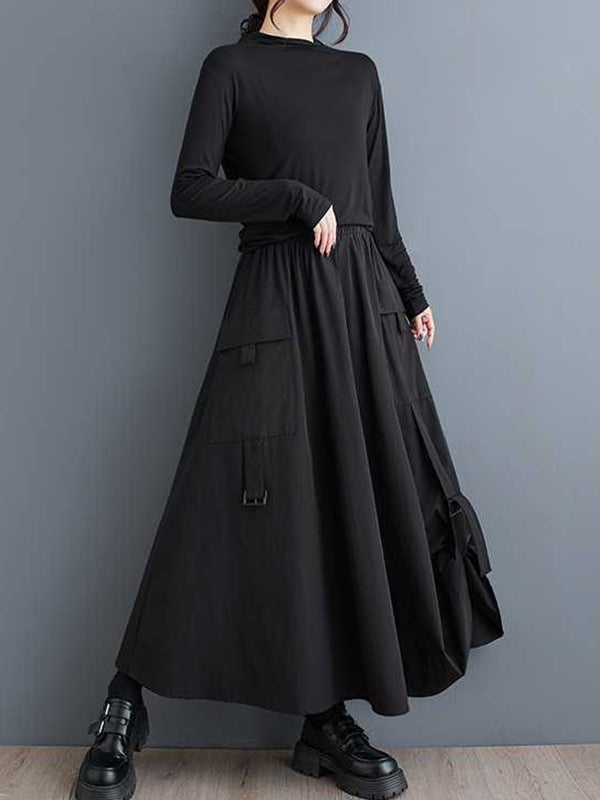 Elasticity Pleated Pockets Solid Color Split-Joint A-Line Loose Skirts Bottoms