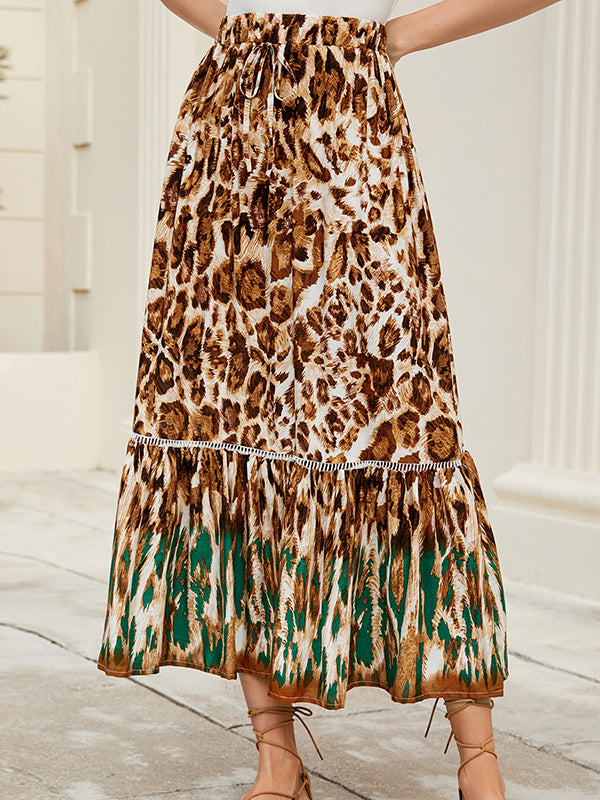 Drawstring Leopard Split-Joint A-Line Loose Skirts Bottoms