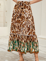 Drawstring Leopard Split-Joint A-Line Loose Skirts Bottoms
