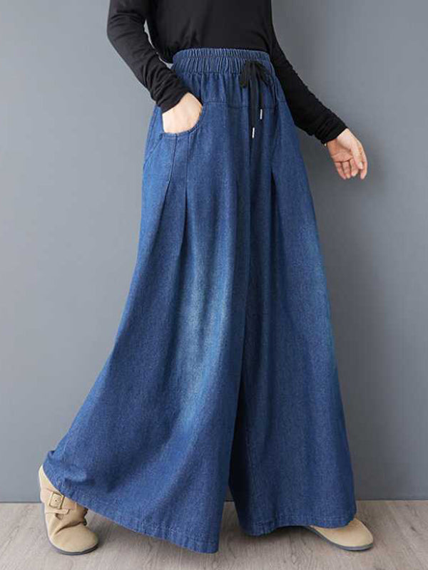 Drawstring Elasticity Pleated Pockets High Waisted Loose Jean Pants Bottoms