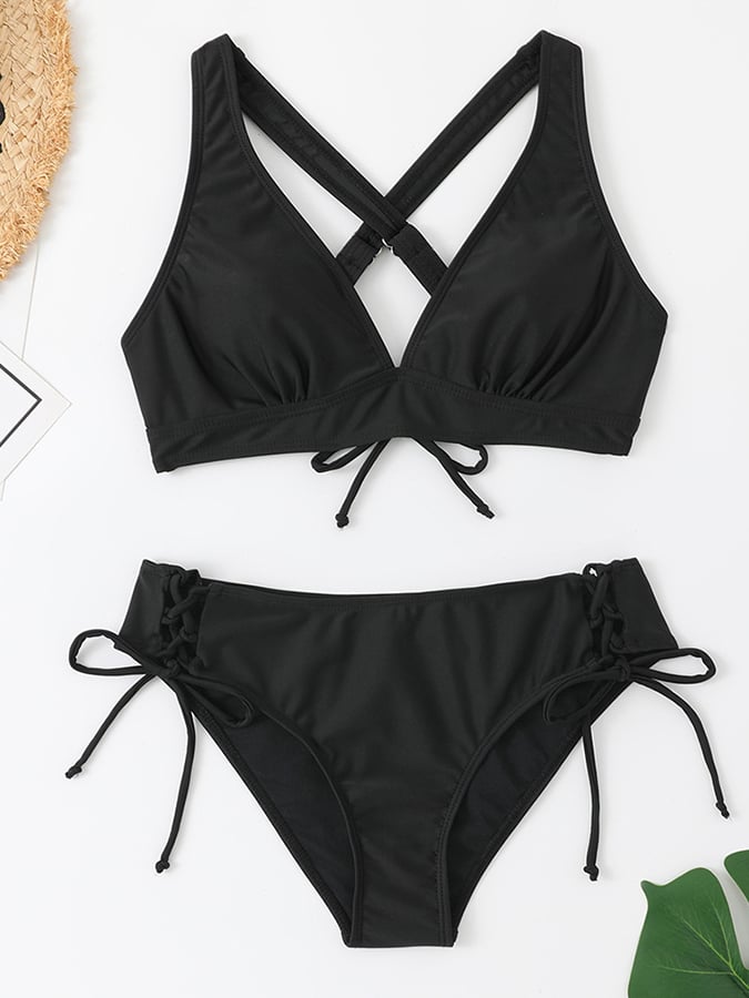 Sexy Split Pure Color Strap Bikini Swimsuit