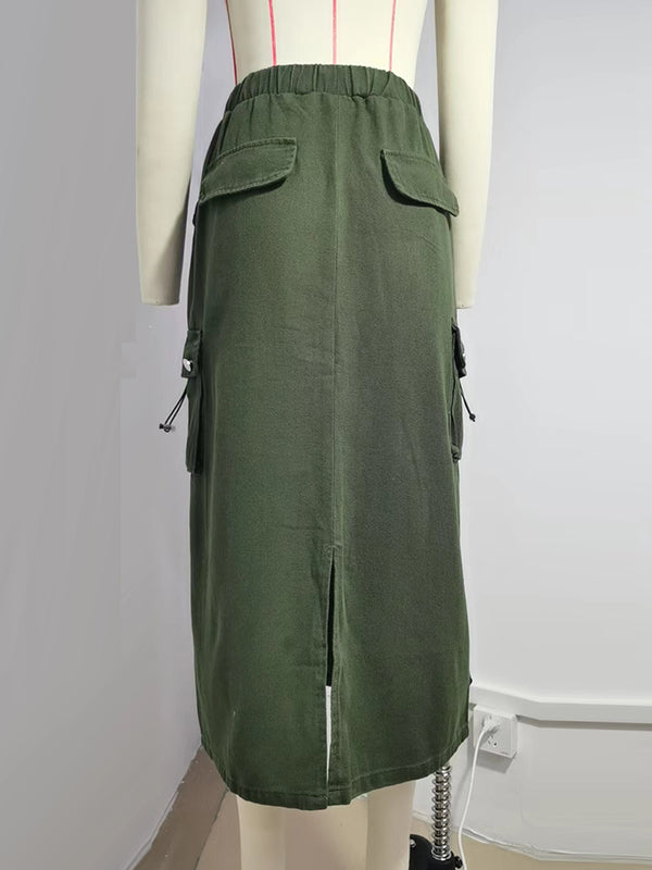 Buttoned Drawstring Pockets Solid Color Split-Joint A-line Skirts Bottoms