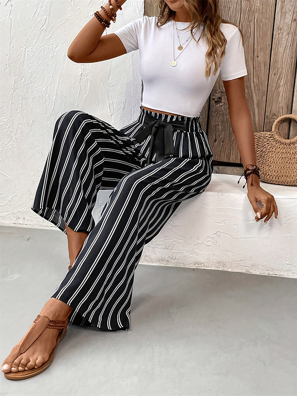 Contrast Color Pockets Striped Tied Waist High Waisted Loose Trousers Pants