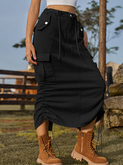 Drawstring Elasticity Pockets Solid Color Split-Back A-Line Loose Skirts Bottoms
