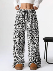 Drawstring Elasticity Leopard Split-Joint Loose Wide Leg Trousers Pants