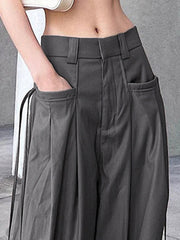 Pleated Solid Color Split-Joint Streamer High Waisted Loose Trousers Pants