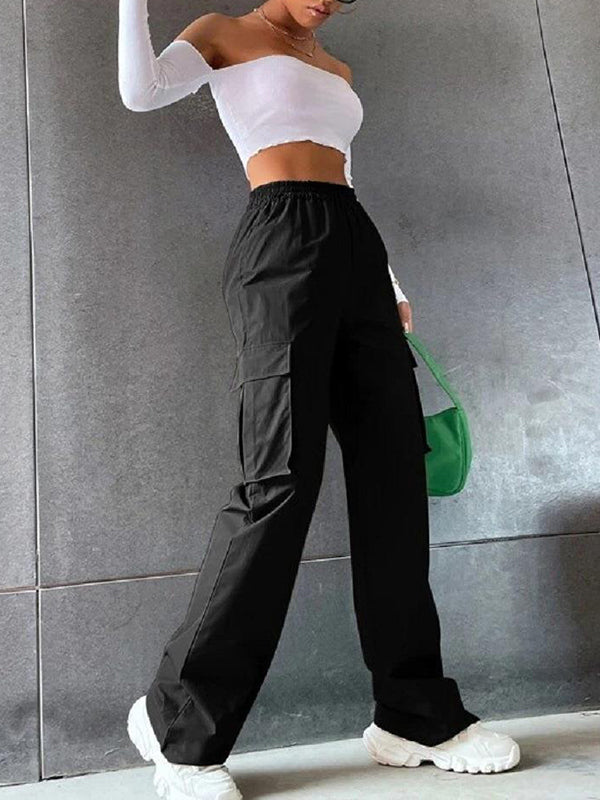 Elasticity Pockets Split-Joint High Waisted Loose Trousers Pants