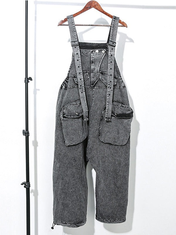 Pockets Split-Joint Loose Sleeveless Overalls Jean Pants Bottoms