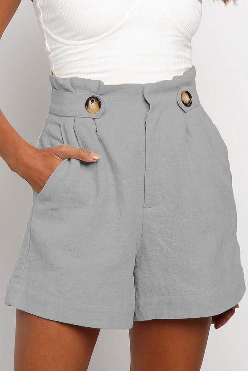 Solid Color High Waisted Pleated Loose Straight Shorts