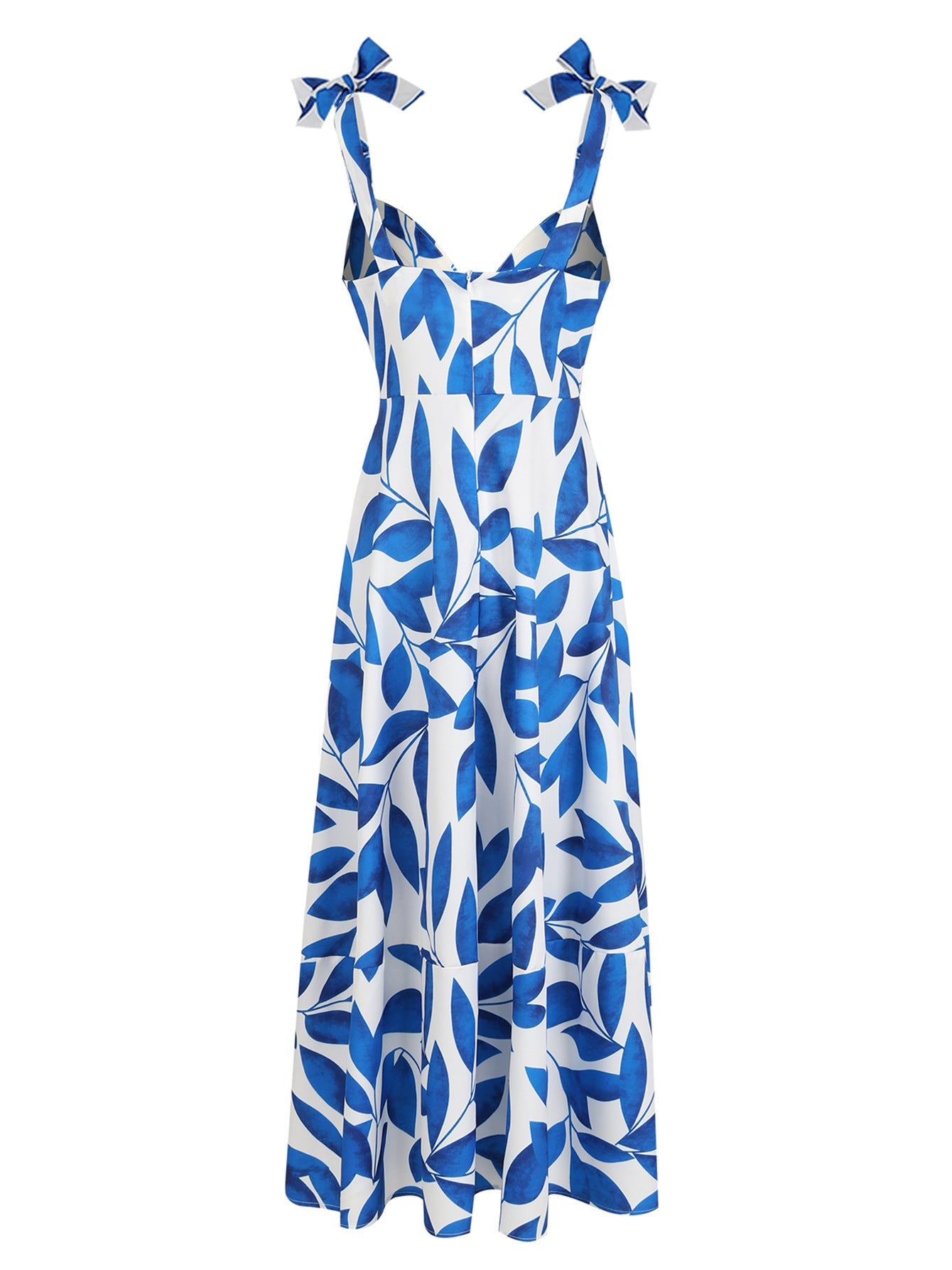 Women's Blue Printed Off-the-shoulder Sling Waist-tight Elegant Long Dress