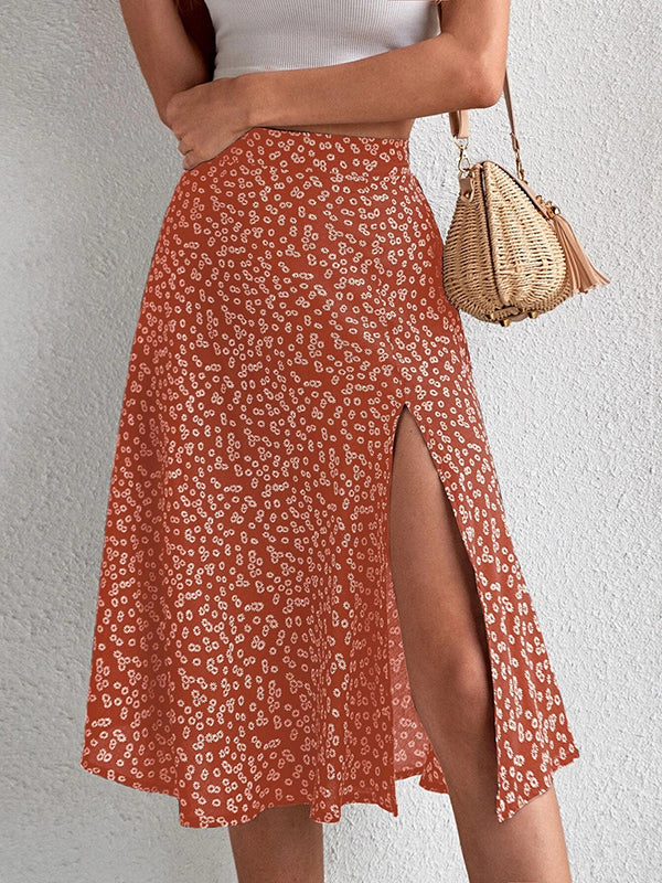 Flower Print Split-side A-line Loose Skirts Bottoms