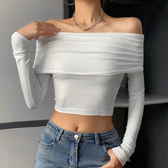 Off-shoulder Slim And Versatile Long-sleeved T-shirt Top