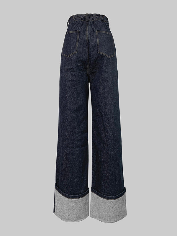 Contrast Color Split-Joint High Waisted Straight Leg Jean Pants Bottoms
