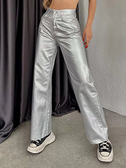 Pockets Solid Color Wide Leg Trousers Pants