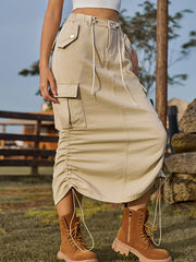 Drawstring Elasticity Pockets Solid Color Split-Back A-Line Loose Skirts Bottoms