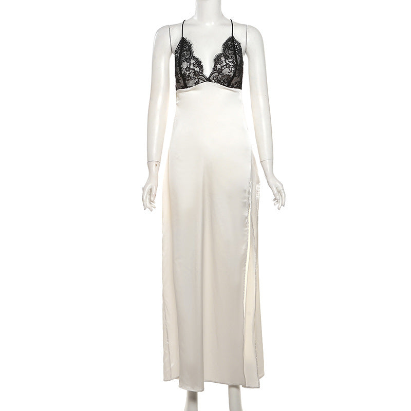 Amelie Cowl Neck Lace Trim Satin Maxi Dress