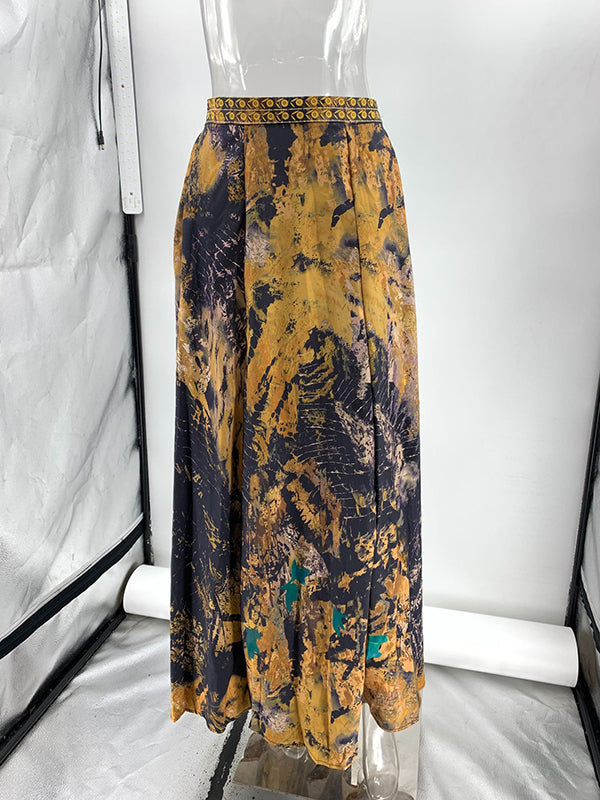 Contrast Color Flower Print Loose Wrap Skirts Bottoms
