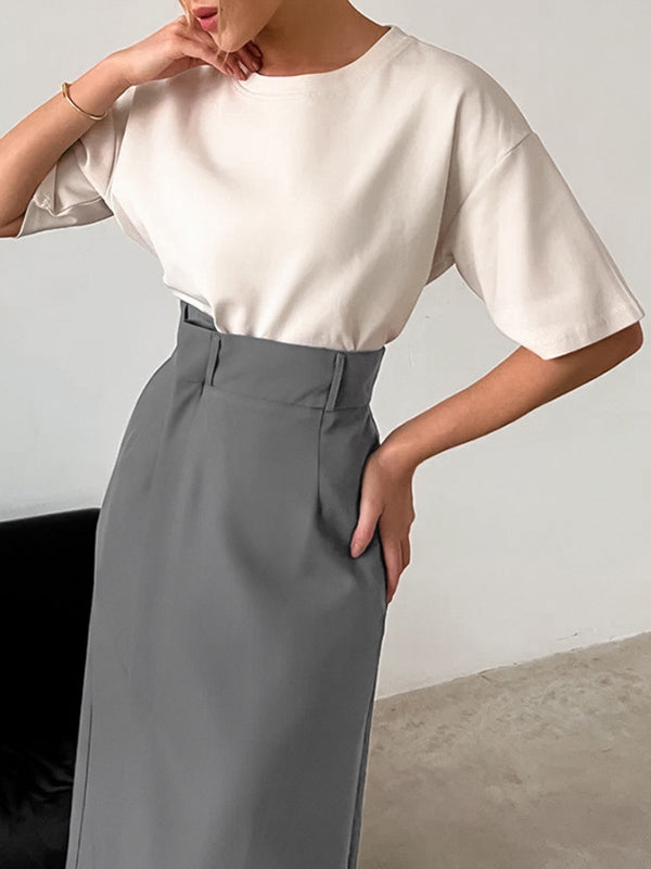 Solid Color Split-Joint Split-Side A-Line High Waisted Skirts Bottoms