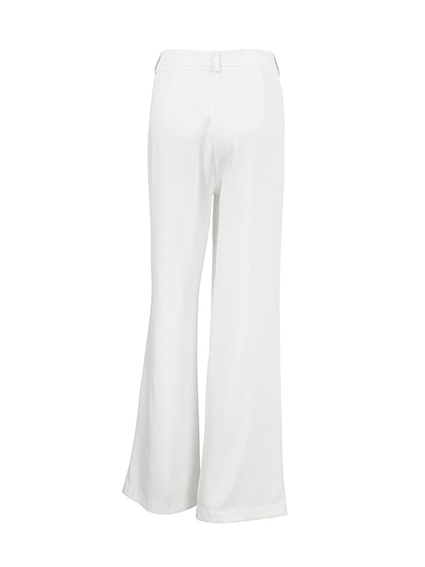 No Belt Pleated Pockets Solid Color High Waisted Loose Trousers Suit Pants