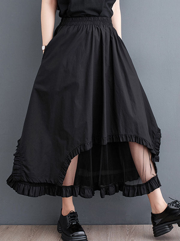 Elastics Gauze Solid Color Split-Joint Loose Skirts Bottoms