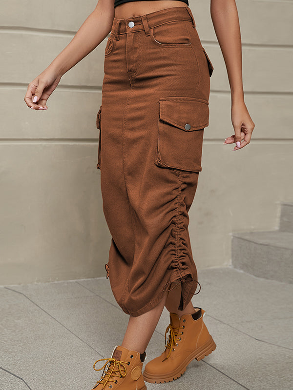 Buttoned Drawstring Pockets Solid Color Split-Side A-Line Skirts Bottoms