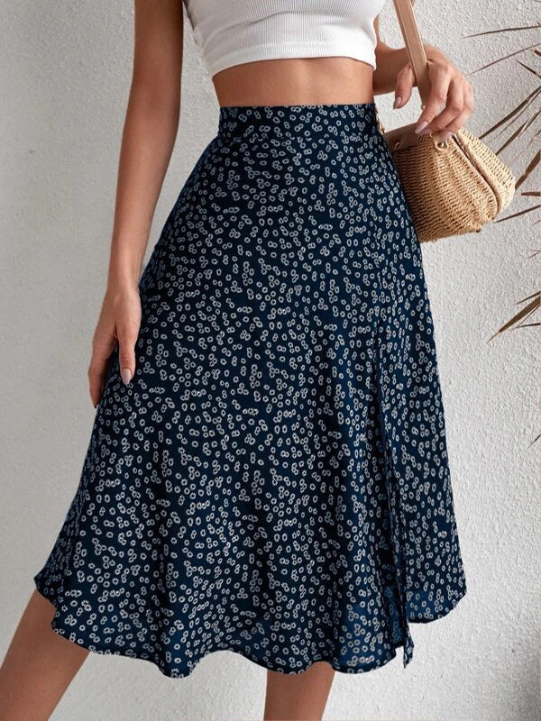 Flower Print Split-side A-line Loose Skirts Bottoms
