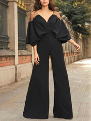 Solid Color Split-Joint Batwing Sleeves Loose Deep V-Neck Jumpsuits Bottoms