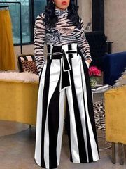 Striped Tied Waist High Waisted Loose Trousers Pants