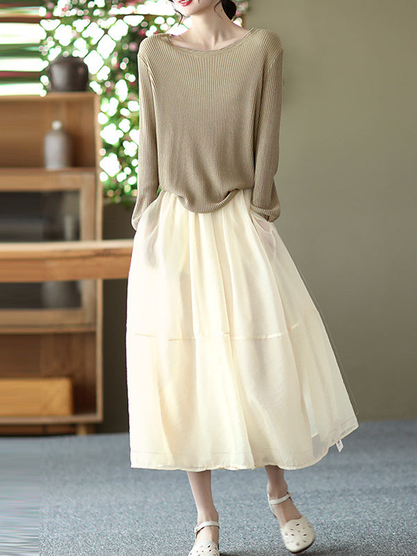 Simple Loose Solid Color Split-Joint Bubble Skirt