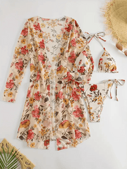Women's Floral Print Halterneck Triangular Cup Sun Protection Cover-Up Bikini Three-Piece Set