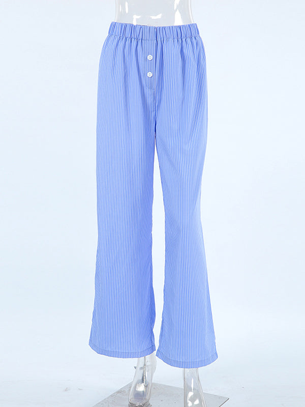 Buttoned Elasticity Split-Joint Striped Loose Wide Leg Trousers Pants
