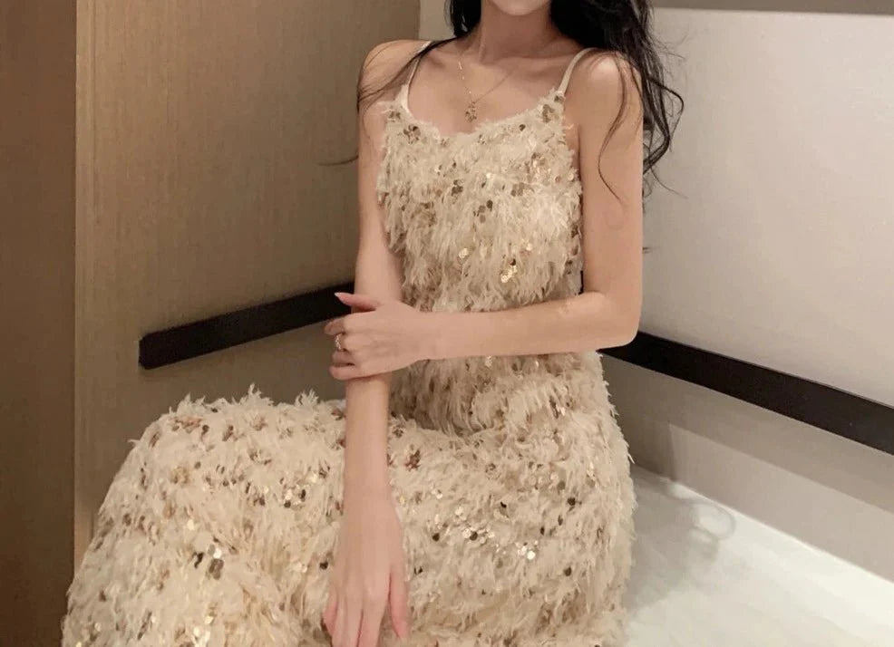 Feather Gold Sequin Backless Birthday Evening Party Dress
