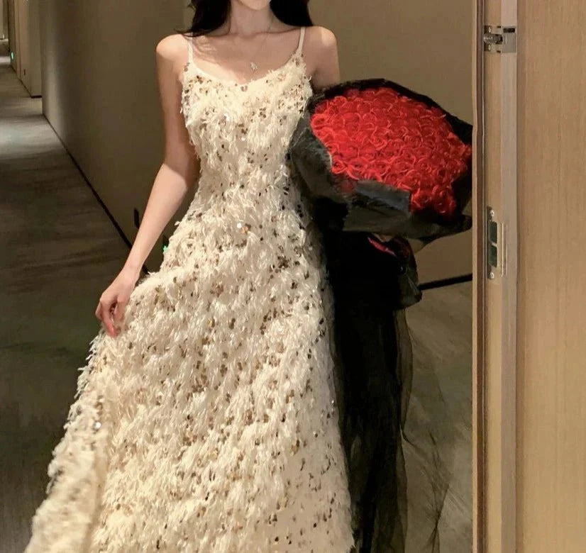 Feather Gold Sequin Backless Birthday Evening Party Dress