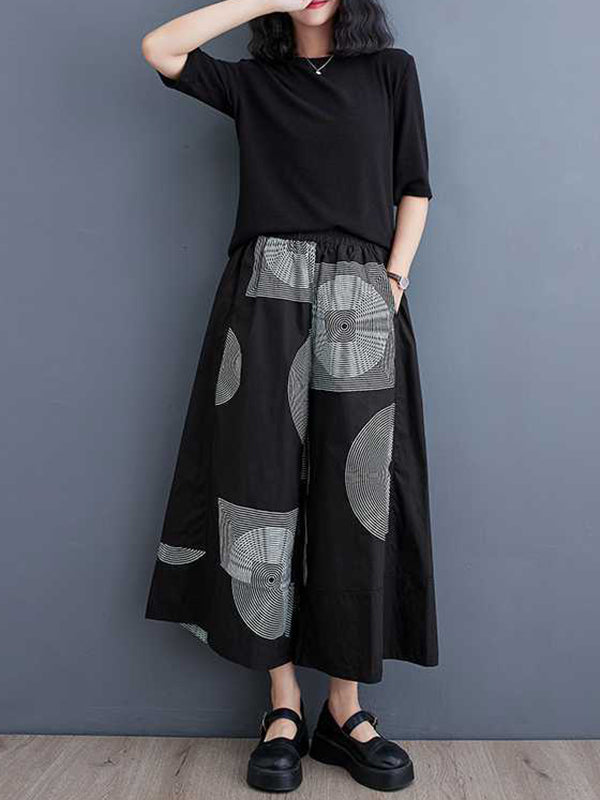 Elasticity Printed High Waisted Loose Pants Cropped Trousers