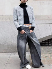 Pockets Reversible False Two Wide Leg Jean Pants Bottoms