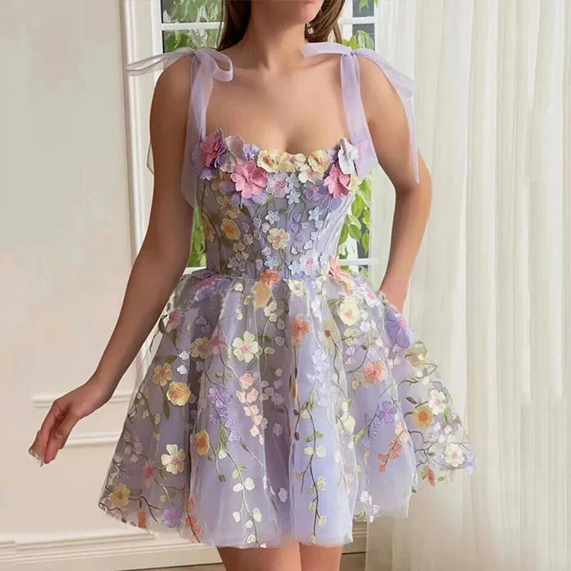 Floral Embroidery Luxury Puff Sleeve Dresses