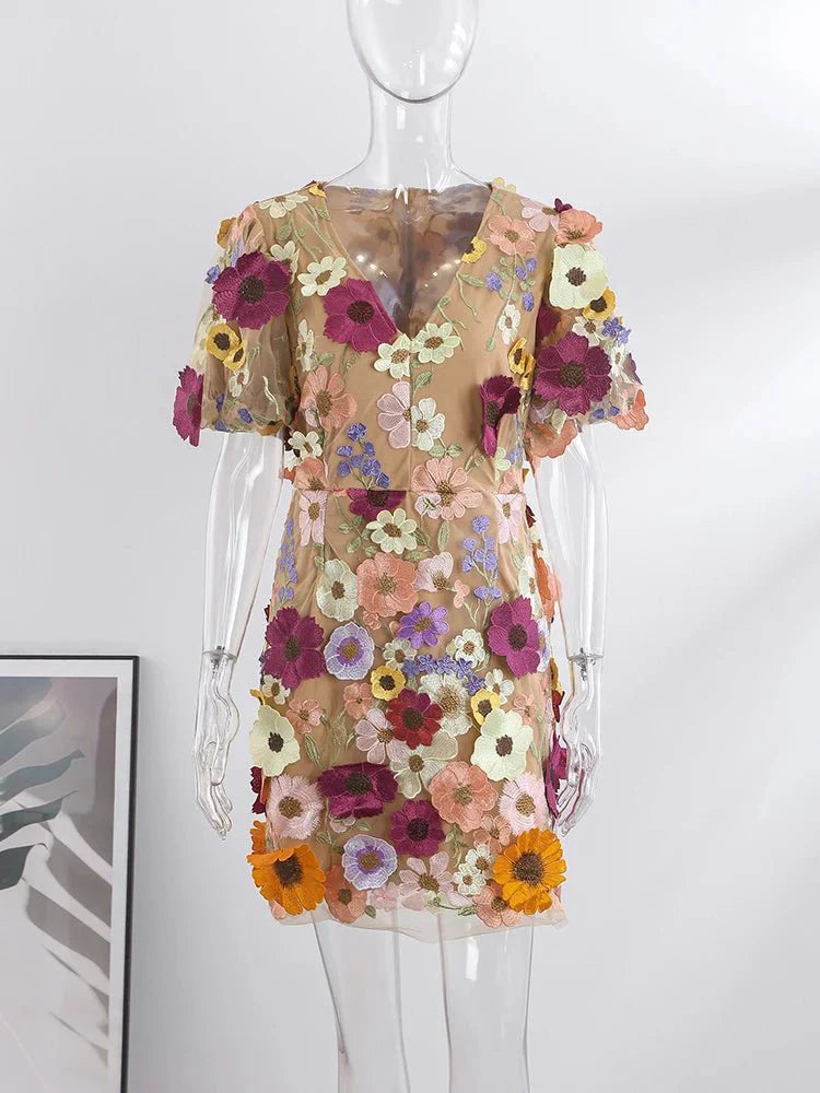 Floral Embroidery Luxury Puff Sleeve Dresses