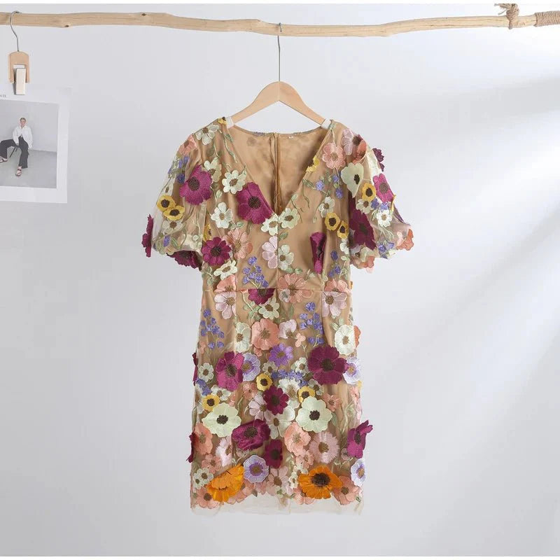 Floral Embroidery Luxury Puff Sleeve Dresses