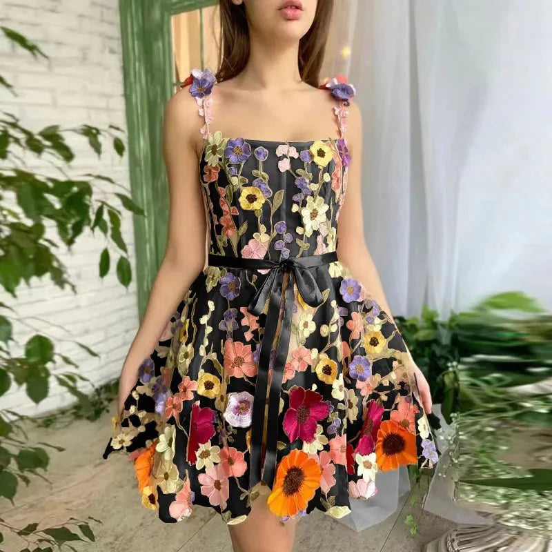 Floral Embroidery Luxury Puff Sleeve Dresses