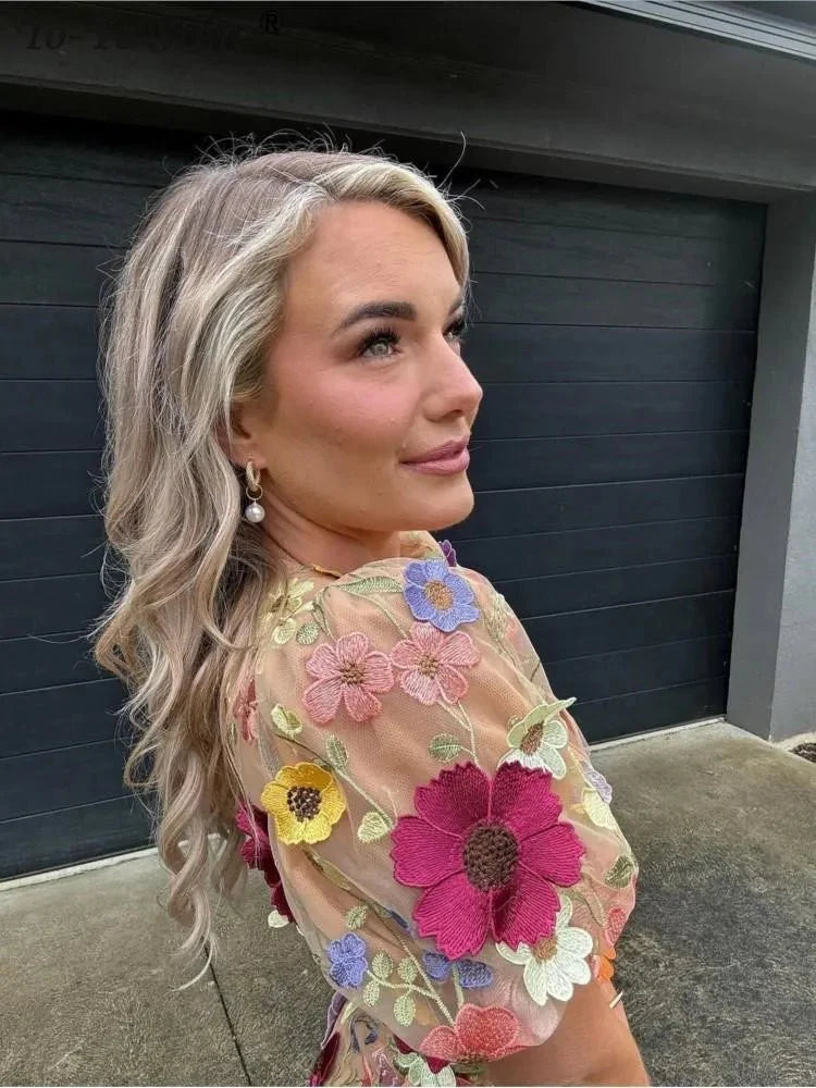 Floral Embroidery Luxury Puff Sleeve Dresses
