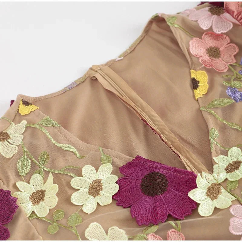 Floral Embroidery Luxury Puff Sleeve Dresses