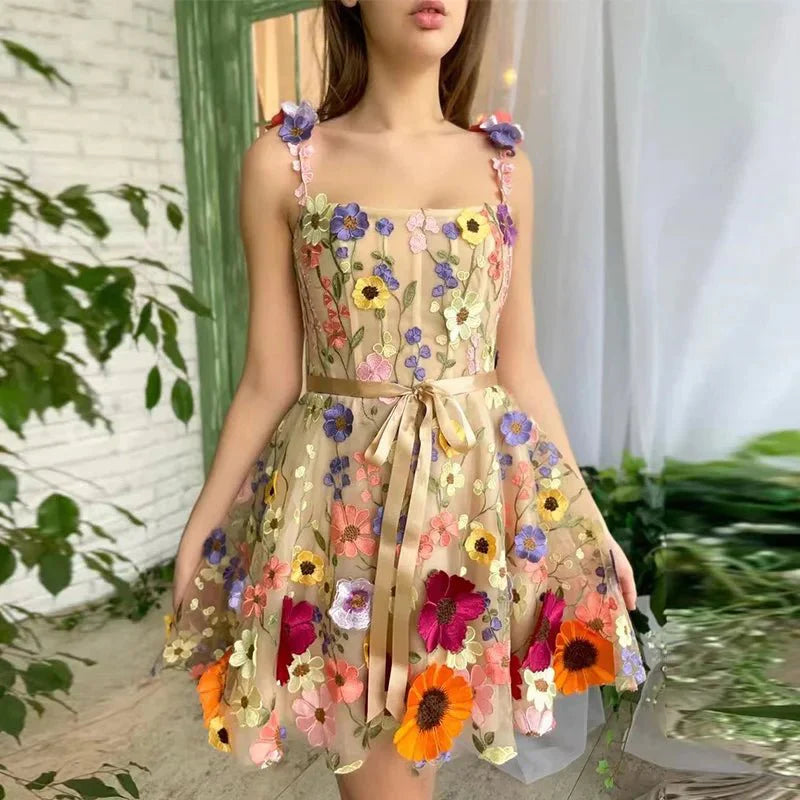 Floral Embroidery Luxury Puff Sleeve Dresses