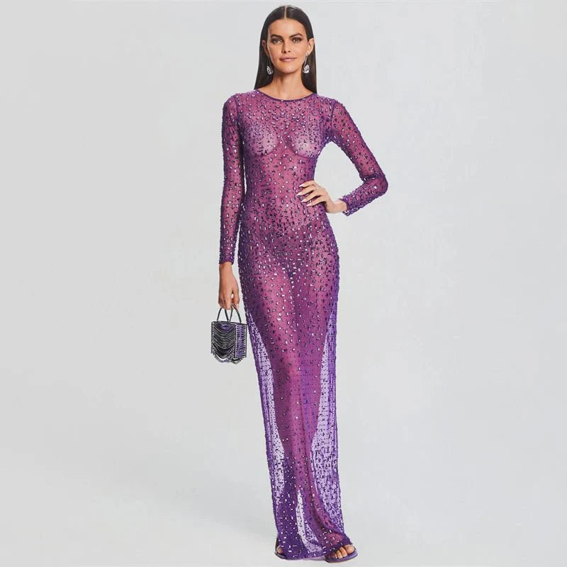 Glitter Bijou Cover-up Mesh See-Through Long Sleeve Slim Dress