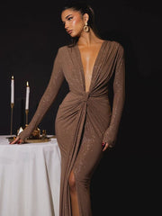 Glitter Deep V Neck Sexy Maxi Dress