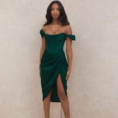 Emerald - Off the shoulder Corset Cocktail Midi Dress- Green