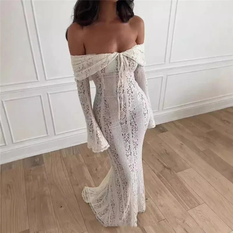 Lace Off-Shoulder Strapless Bodycon Maxi Dress